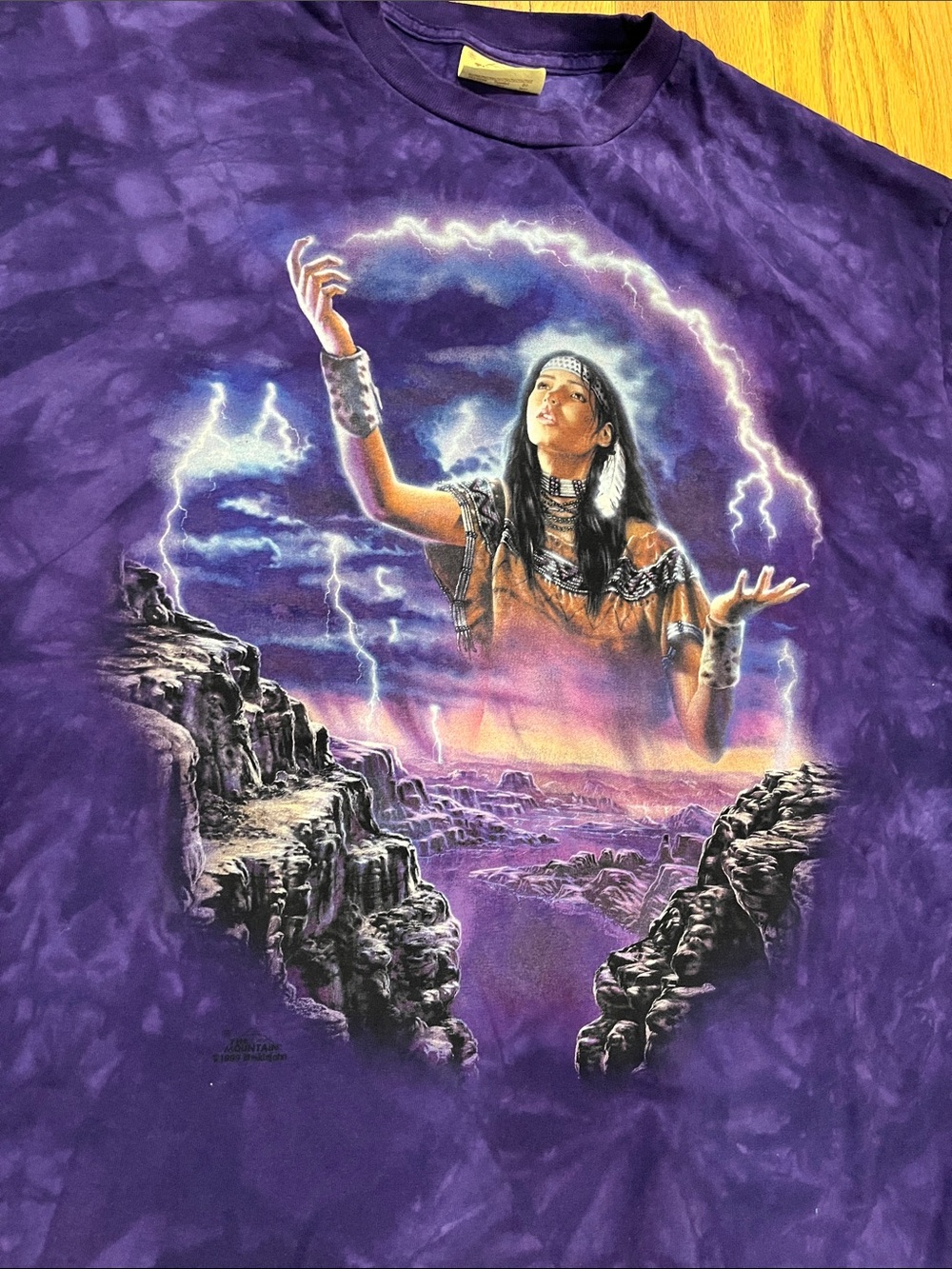 Vtg 90s THE MOUNTAIN Purple Tye Dye MAIDEN Of STORM Native American Shirt XXXL